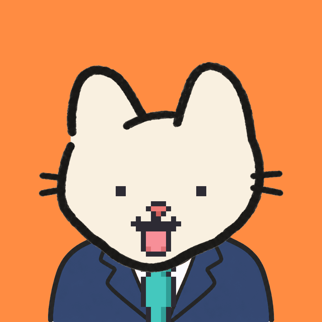 Employee #1893 — a cream cat, in a navy suit, with a teal tie, on tangerine