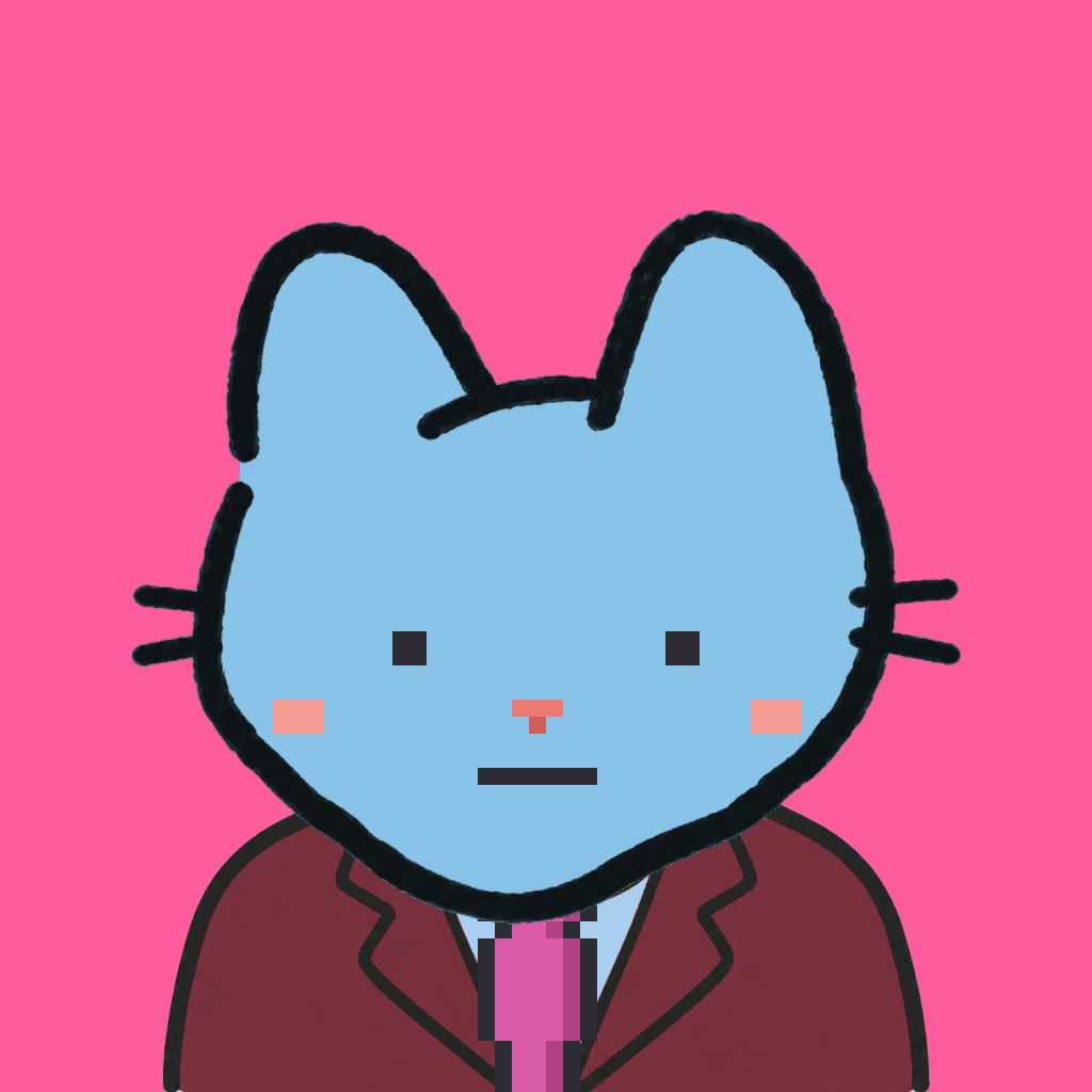 Employee #1894 — a sky cat, in a burgundy suit, with a magenta tie, on hot pink