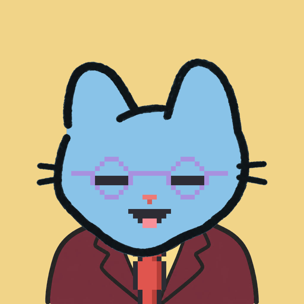 Employee #1896 — a sky cat, in a burgundy suit, with a red tie, wearing round-lavender glasses, on butter