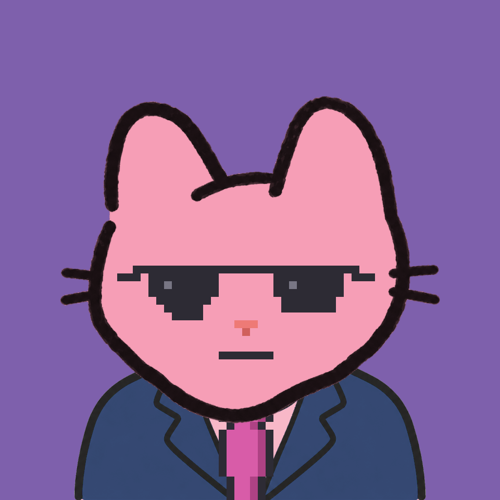 Employee #1897 — a pink cat, in a navy suit, with a magenta tie, wearing shades glasses, on plasma violet