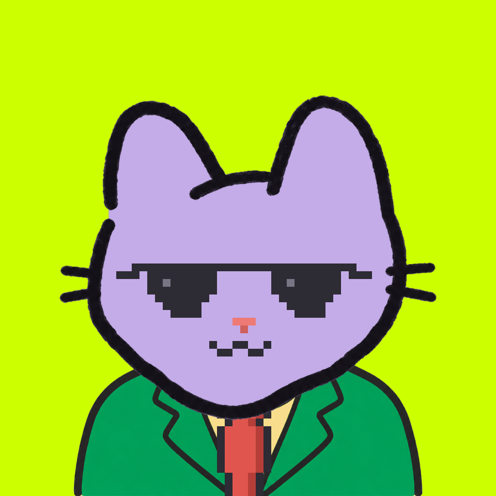 Employee #1898 — a lavender cat, in a green suit, with a red tie, wearing shades glasses, on volt