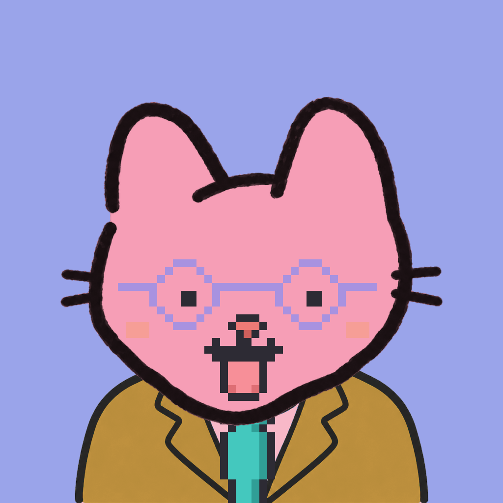 Employee #1899 — a pink cat, in a mustard suit, with a teal tie, wearing round-lavender glasses, on periwinkle