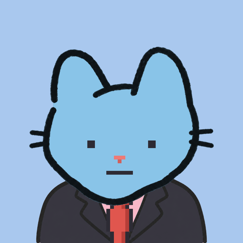 Employee #0019 — a sky cat, in a black suit, with a red tie, on sky