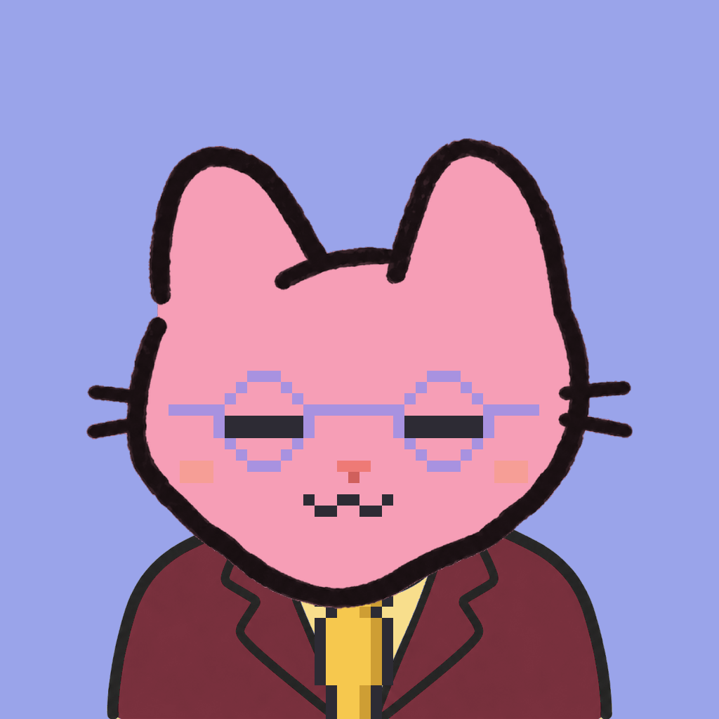 Employee #0190 — a pink cat, in a burgundy suit, with a gold tie, wearing round-lavender glasses, on periwinkle