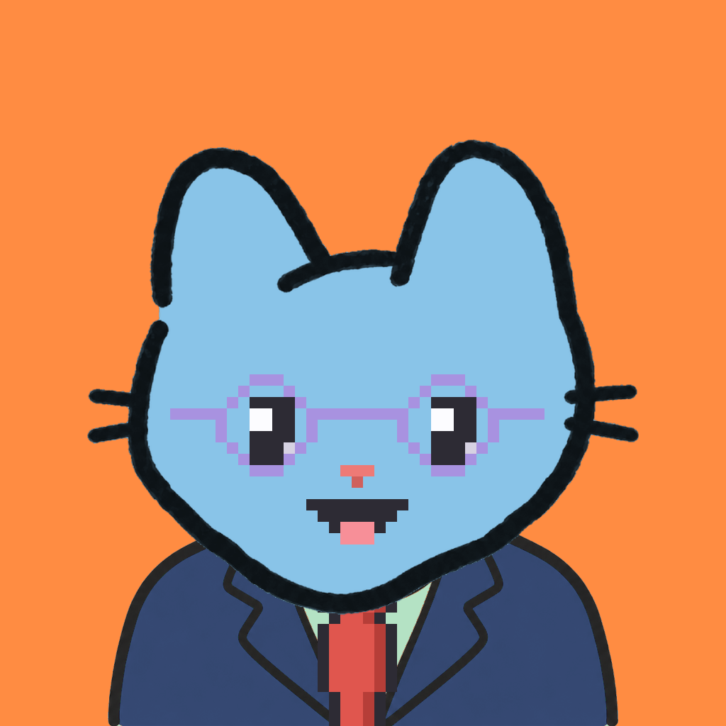 Employee #1901 — a sky cat, in a navy suit, with a red tie, wearing round-lavender glasses, on tangerine