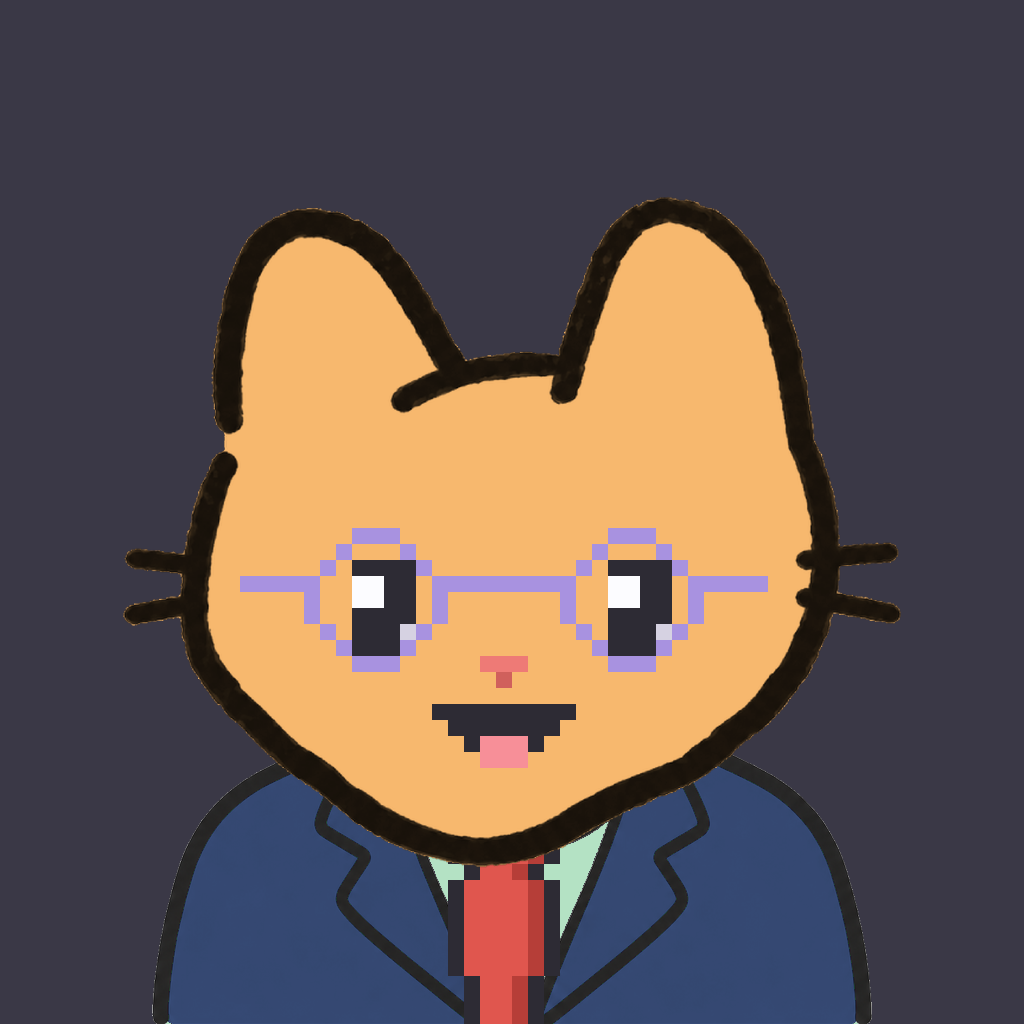 Employee #1902 — a tabby cat, in a navy suit, with a red tie, wearing round-lavender glasses, on charcoal