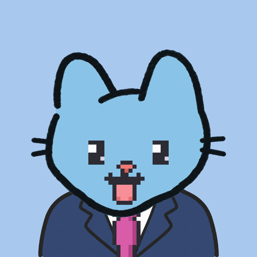 Employee #1903 — a sky cat, in a navy suit, with a magenta tie, on sky