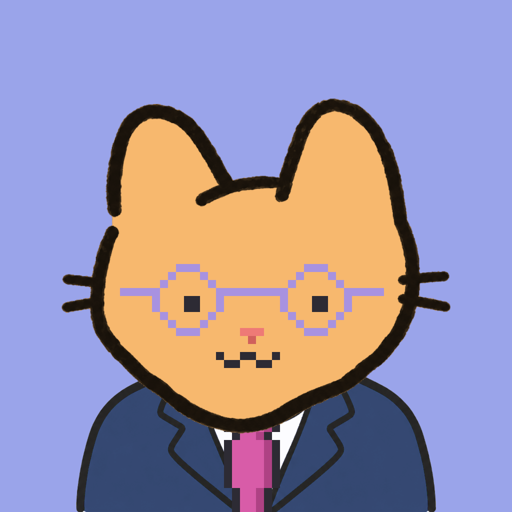 Employee #1904 — a tabby cat, in a navy suit, with a magenta tie, wearing round-lavender glasses, on periwinkle
