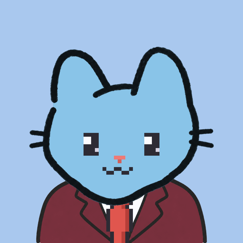Employee #1905 — a sky cat, in a burgundy suit, with a red tie, on sky