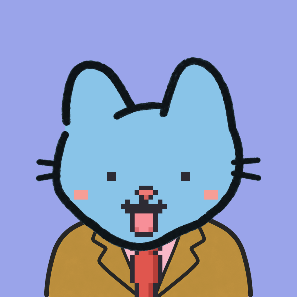 Employee #1906 — a sky cat, in a mustard suit, with a red tie, on periwinkle