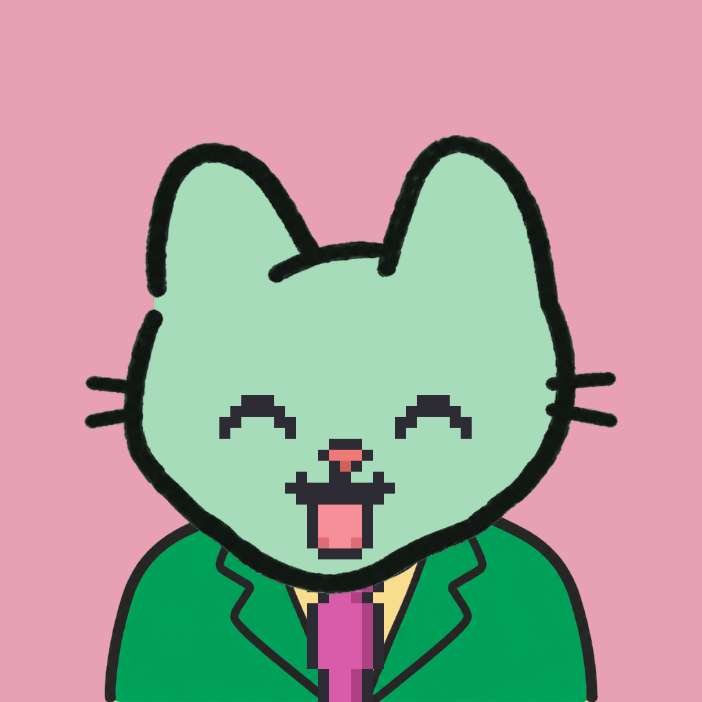 Employee #1907 — a mint cat, in a green suit, with a magenta tie, on rose