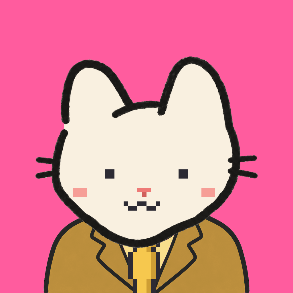Employee #1908 — a cream cat, in a mustard suit, with a gold tie, on hot pink