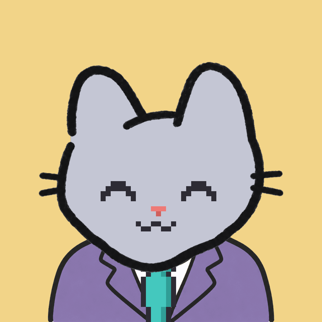 Employee #1909 — a gray cat, in a lavender suit, with a teal tie, on butter