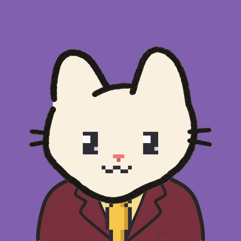 Employee #0191 — a cream cat, in a burgundy suit, with a gold tie, on plasma violet