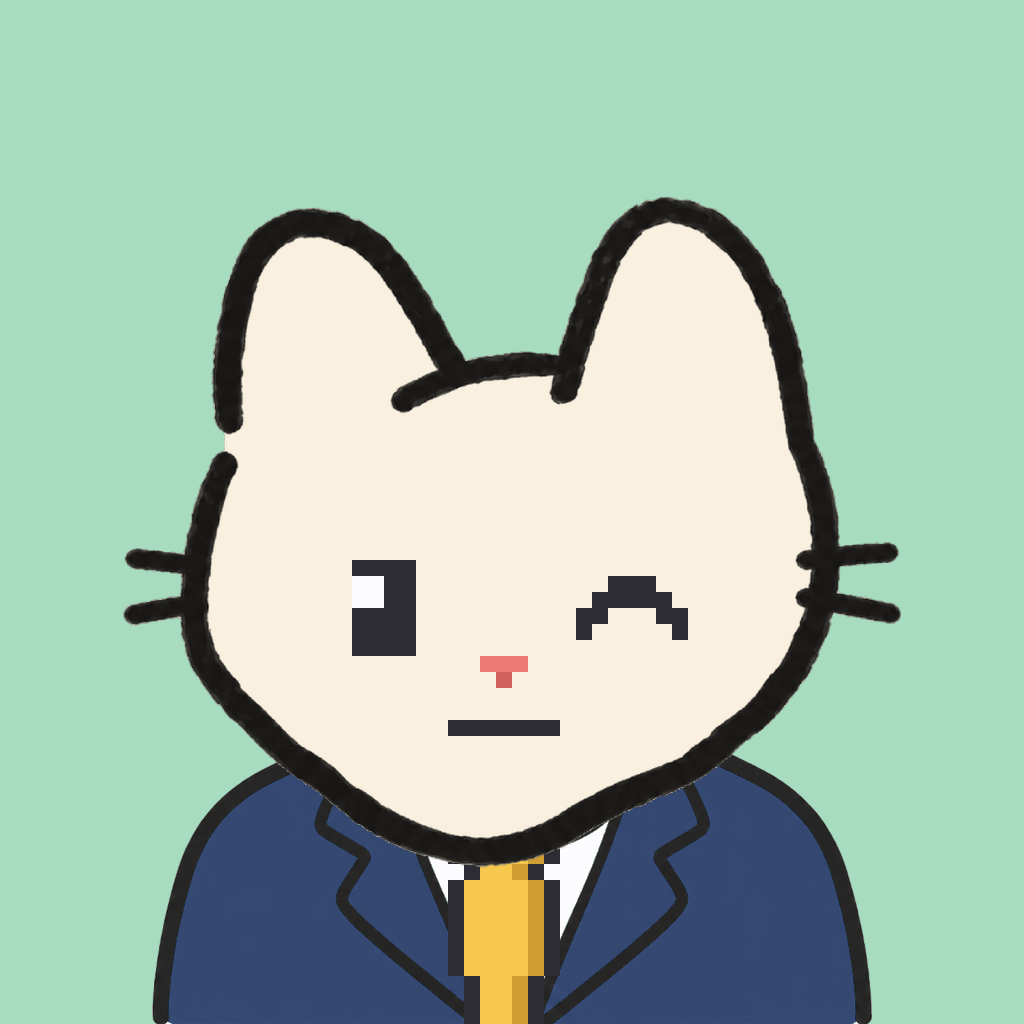 Employee #1910 — a cream cat, in a navy suit, with a gold tie, on mint