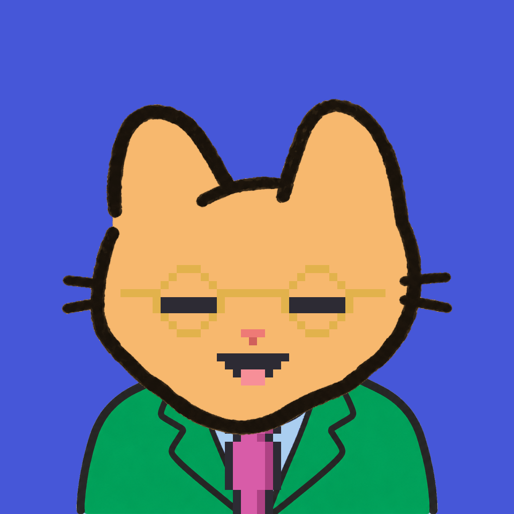 Employee #1911 — a tabby cat, in a green suit, with a magenta tie, wearing round-gold glasses, on royal