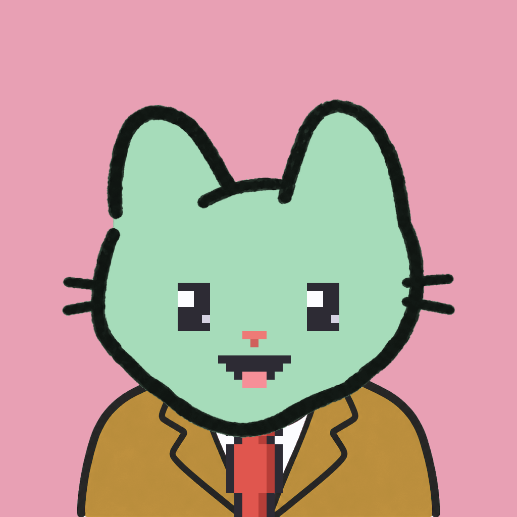 Employee #1912 — a mint cat, in a mustard suit, with a red tie, on rose