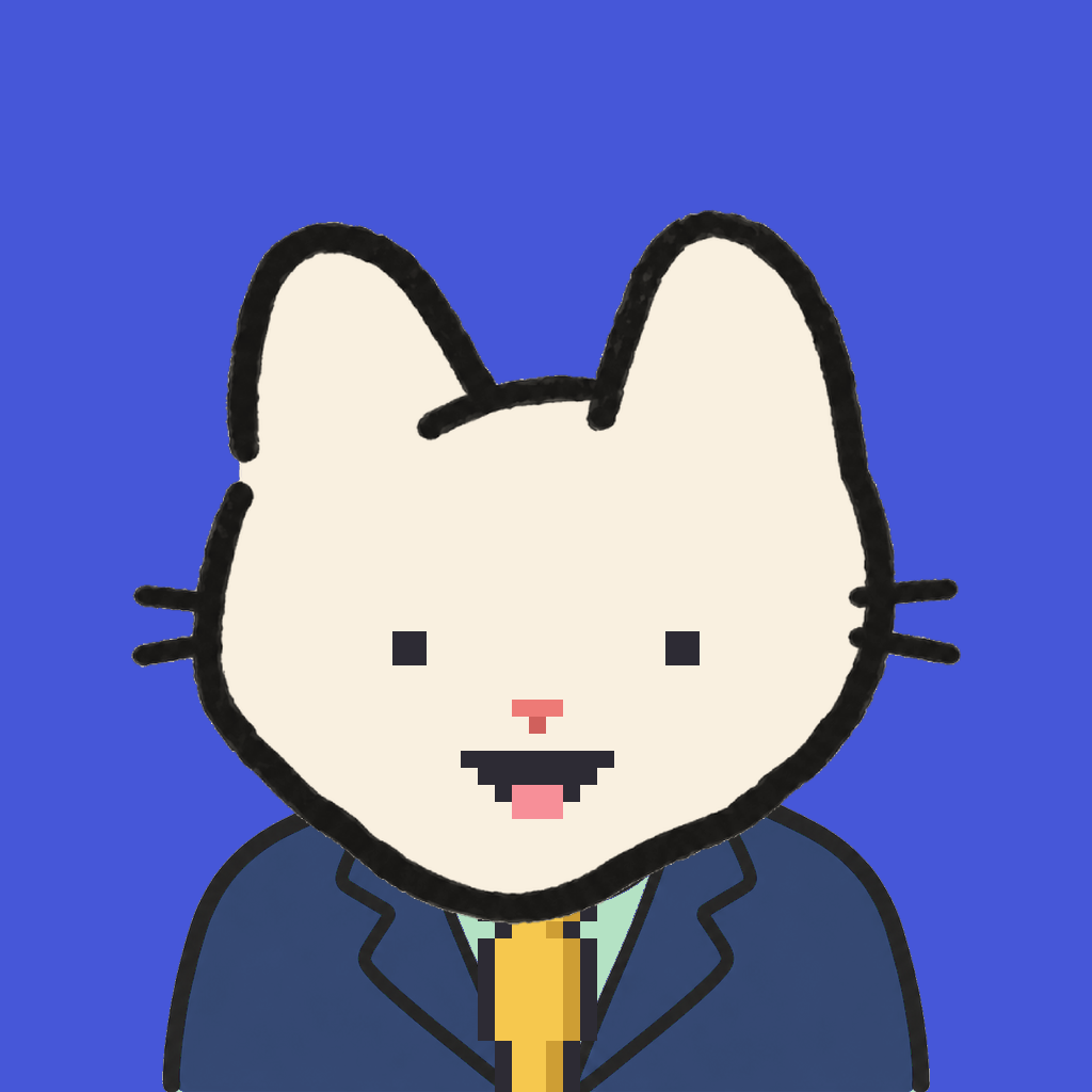 Employee #1913 — a cream cat, in a navy suit, with a gold tie, on royal