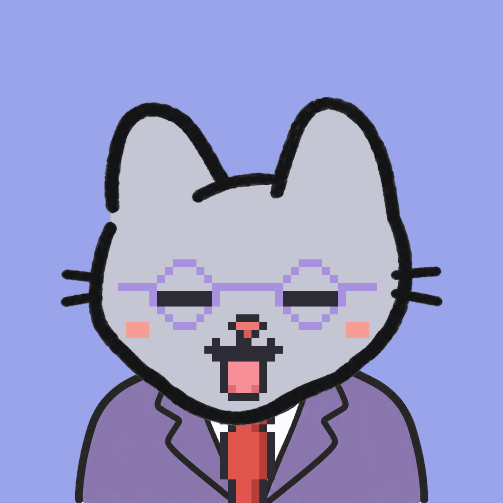 Employee #1914 — a gray cat, in a lavender suit, with a red tie, wearing round-lavender glasses, on periwinkle