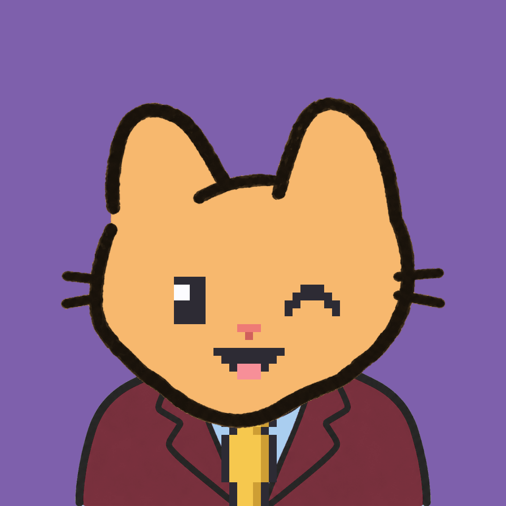 Employee #1915 — a tabby cat, in a burgundy suit, with a gold tie, on plasma violet