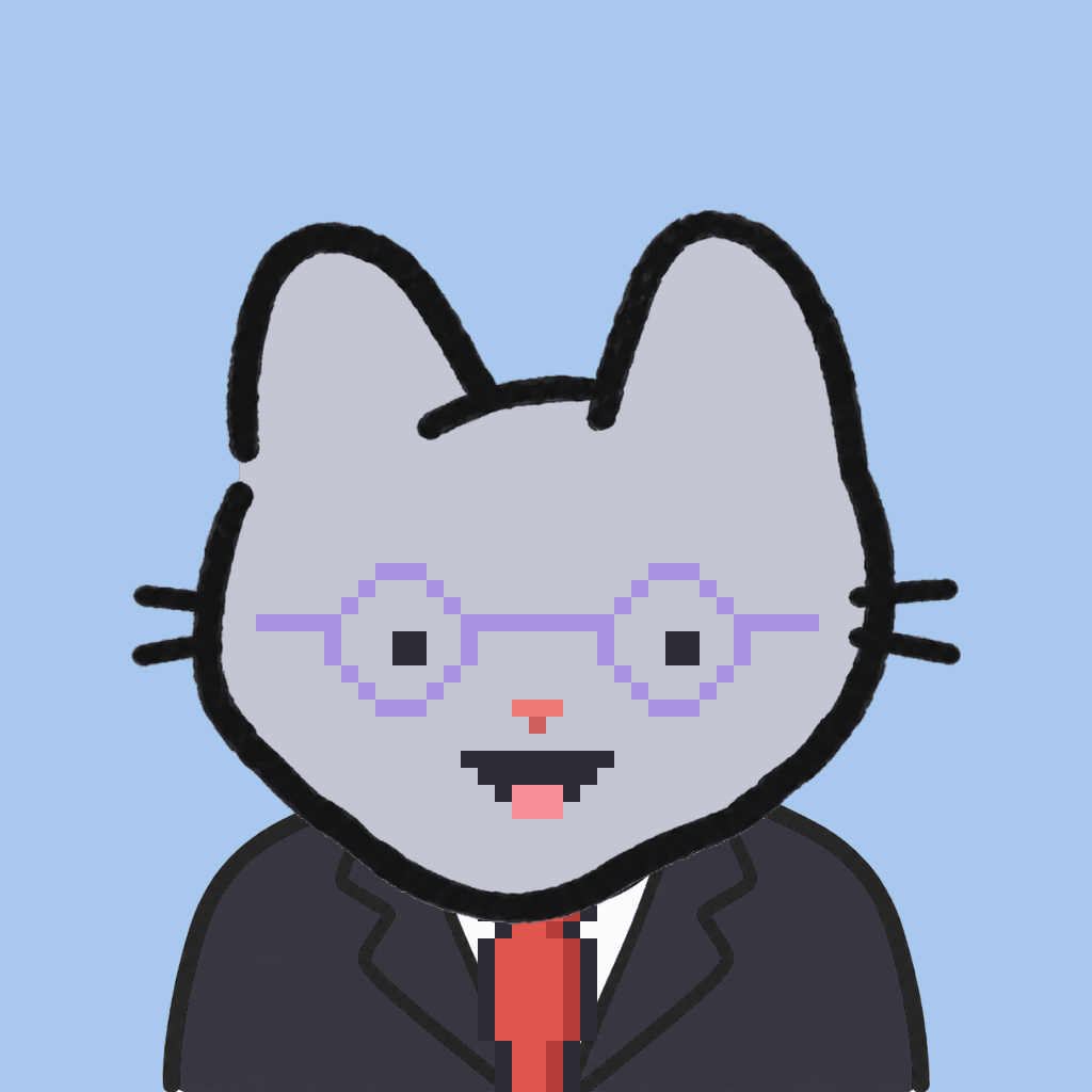 Employee #1916 — a gray cat, in a black suit, with a red tie, wearing round-lavender glasses, on sky
