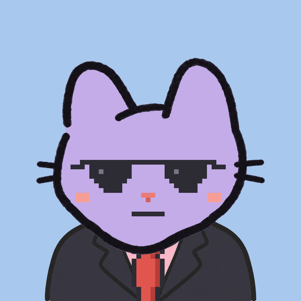 Employee #1917 — a lavender cat, in a black suit, with a red tie, wearing shades glasses, on sky