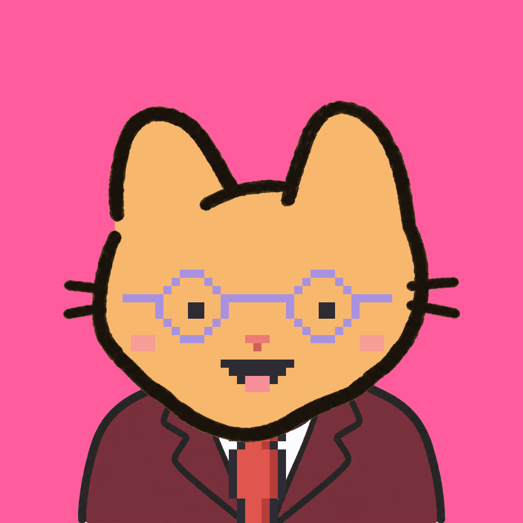 Employee #1918 — a tabby cat, in a burgundy suit, with a red tie, wearing round-lavender glasses, on hot pink