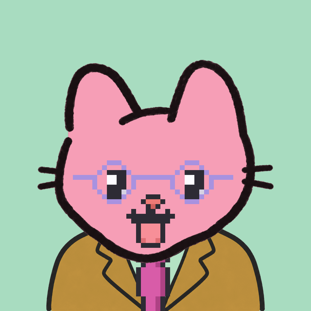 Employee #1919 — a pink cat, in a mustard suit, with a magenta tie, wearing round-lavender glasses, on mint