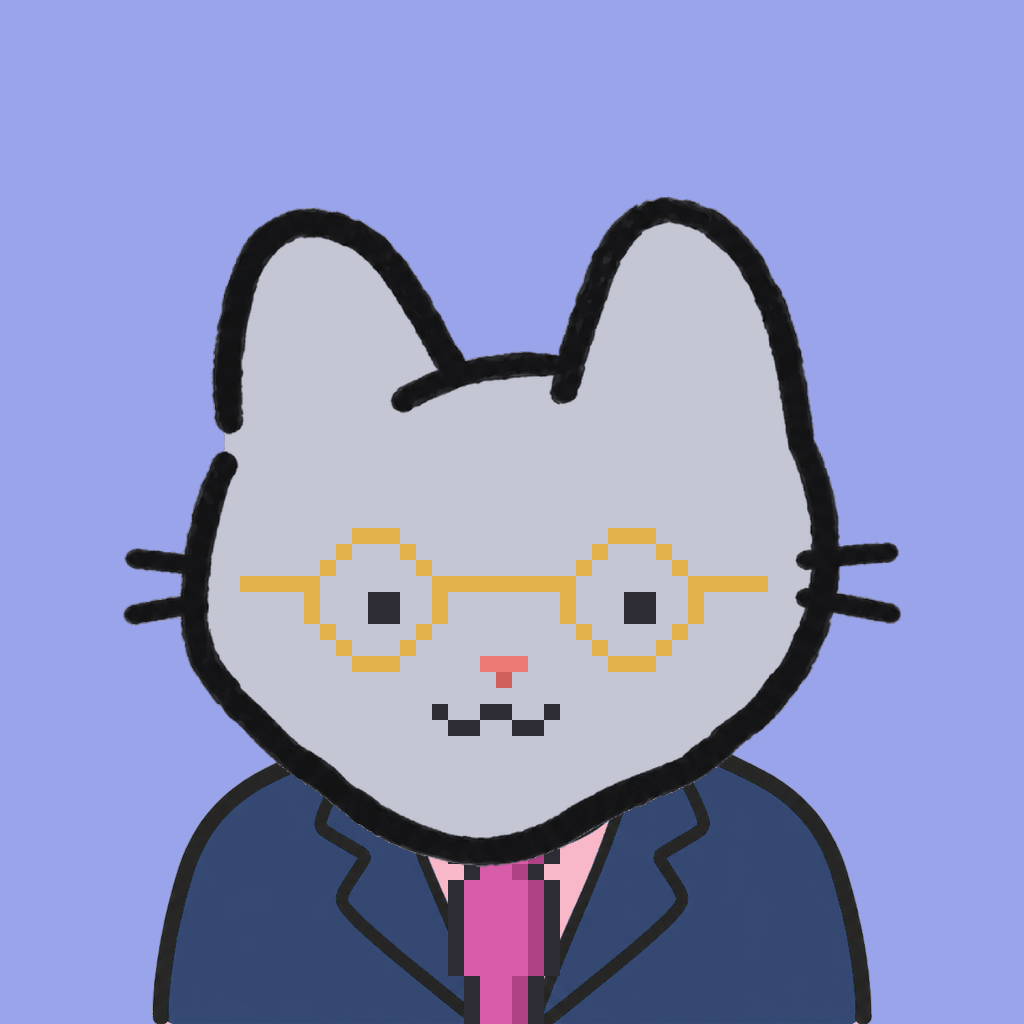 Employee #0192 — a gray cat, in a navy suit, with a magenta tie, wearing round-gold glasses, on periwinkle