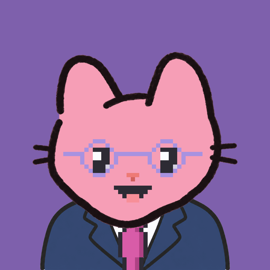 Employee #1920 — a pink cat, in a navy suit, with a magenta tie, wearing round-lavender glasses, on plasma violet