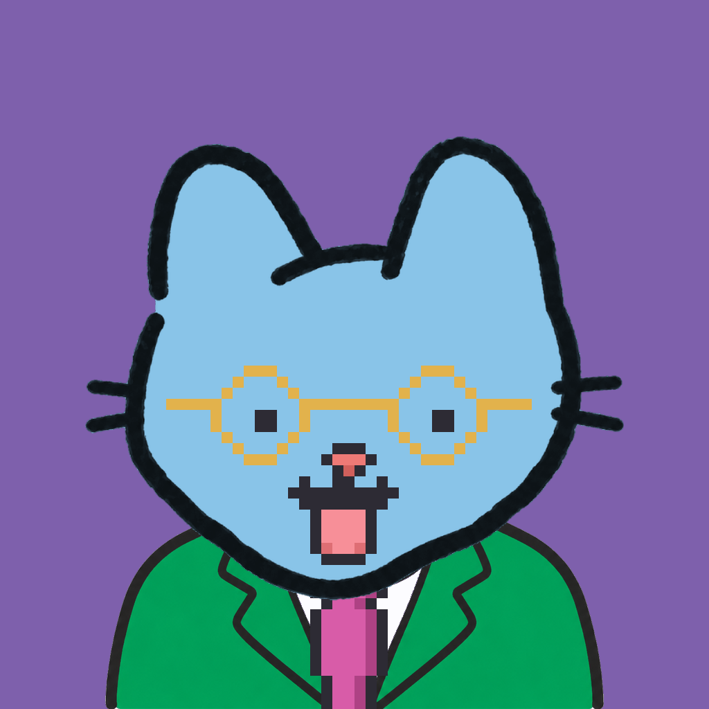 Employee #1921 — a sky cat, in a green suit, with a magenta tie, wearing round-gold glasses, on plasma violet