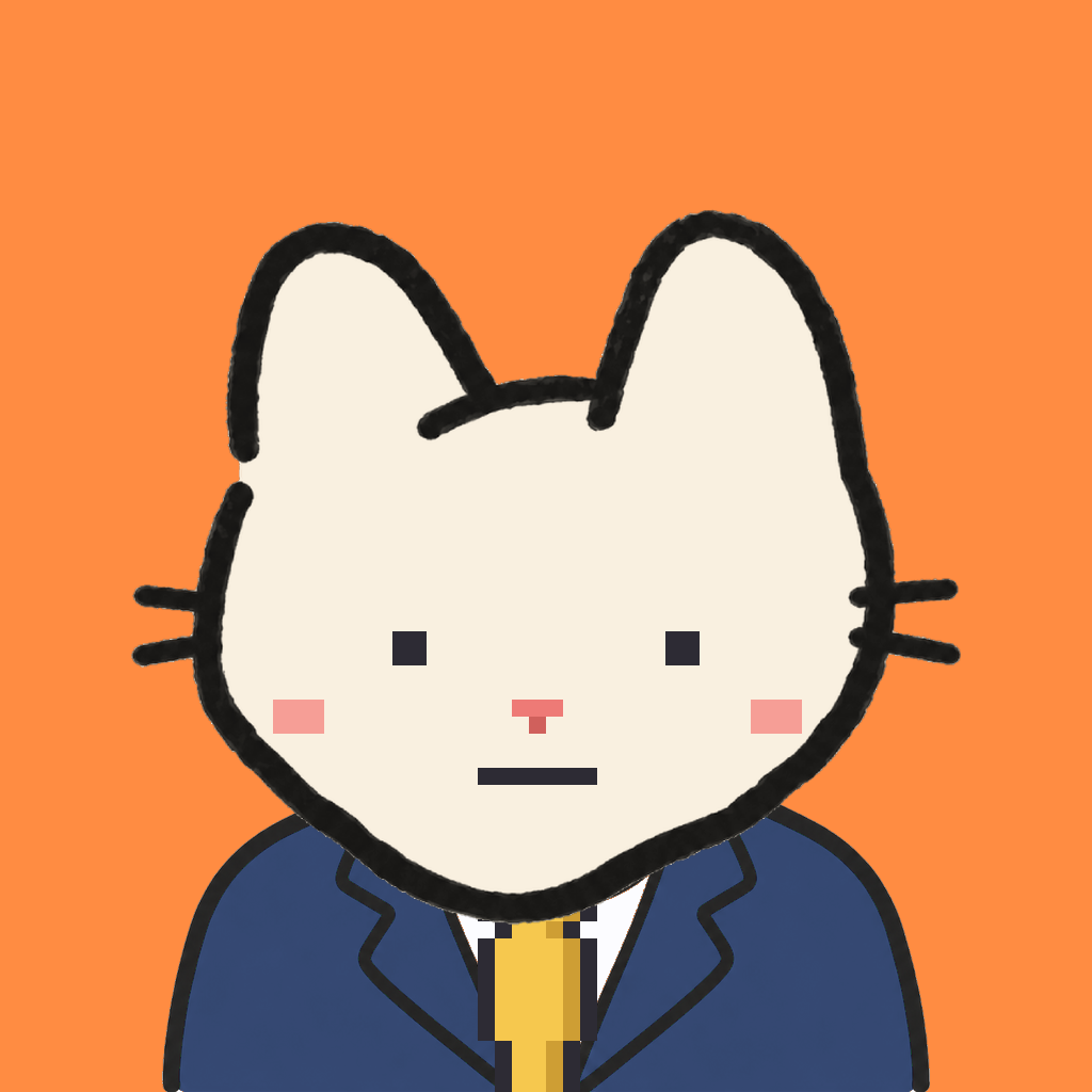 Employee #1922 — a cream cat, in a navy suit, with a gold tie, on tangerine