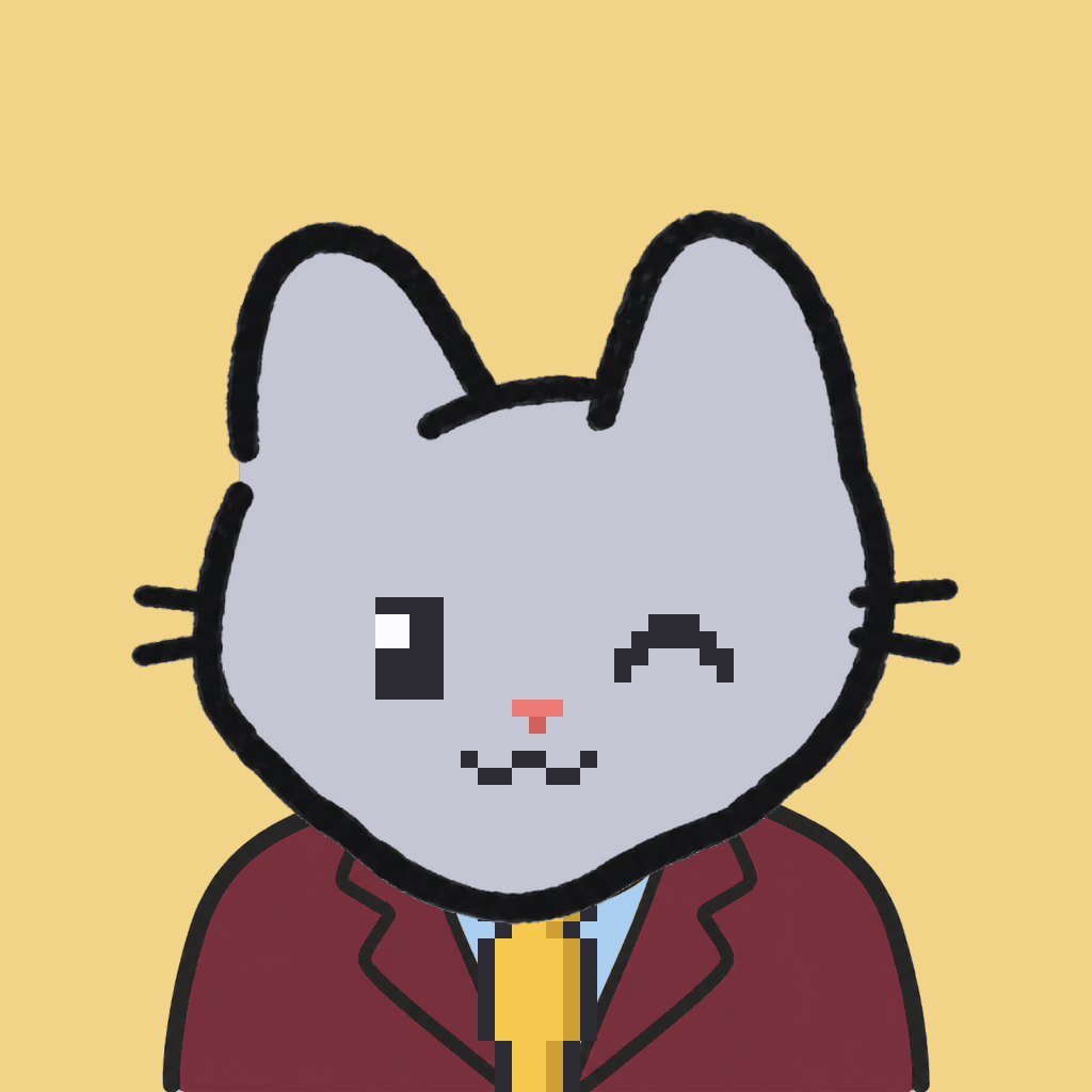 Employee #1923 — a gray cat, in a burgundy suit, with a gold tie, on butter