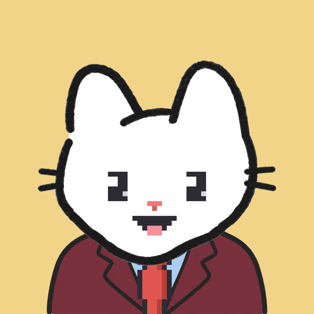 Employee #1924 — a white cat, in a burgundy suit, with a red tie, on butter
