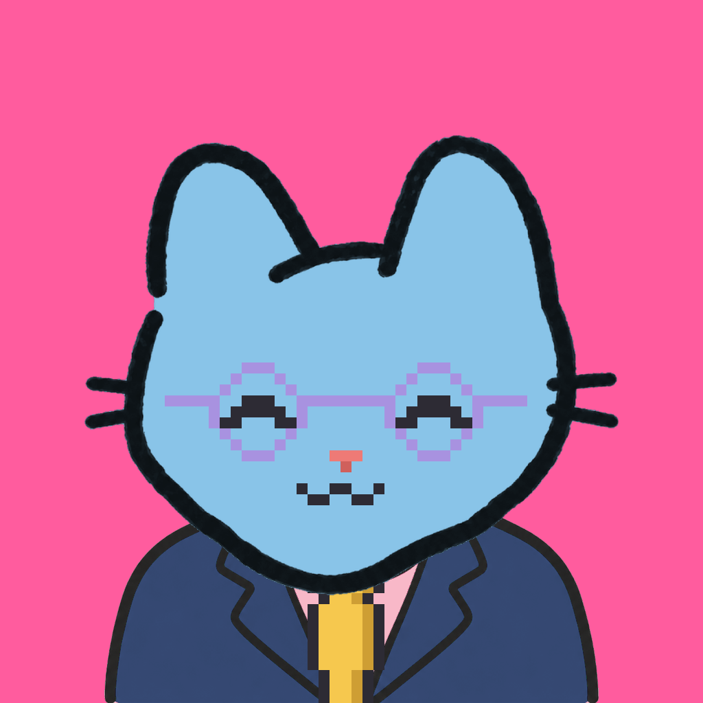 Employee #1925 — a sky cat, in a navy suit, with a gold tie, wearing round-lavender glasses, on hot pink