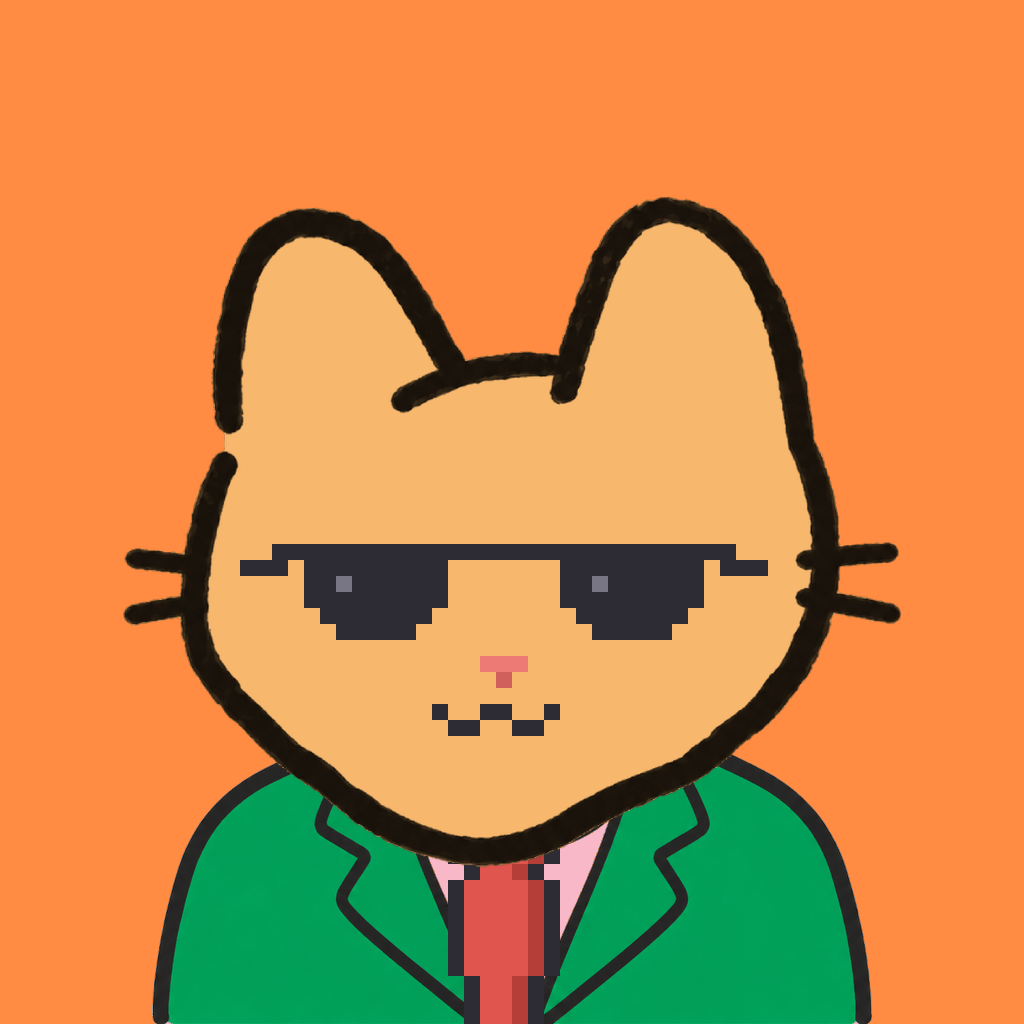 Employee #1926 — a tabby cat, in a green suit, with a red tie, wearing shades glasses, on tangerine