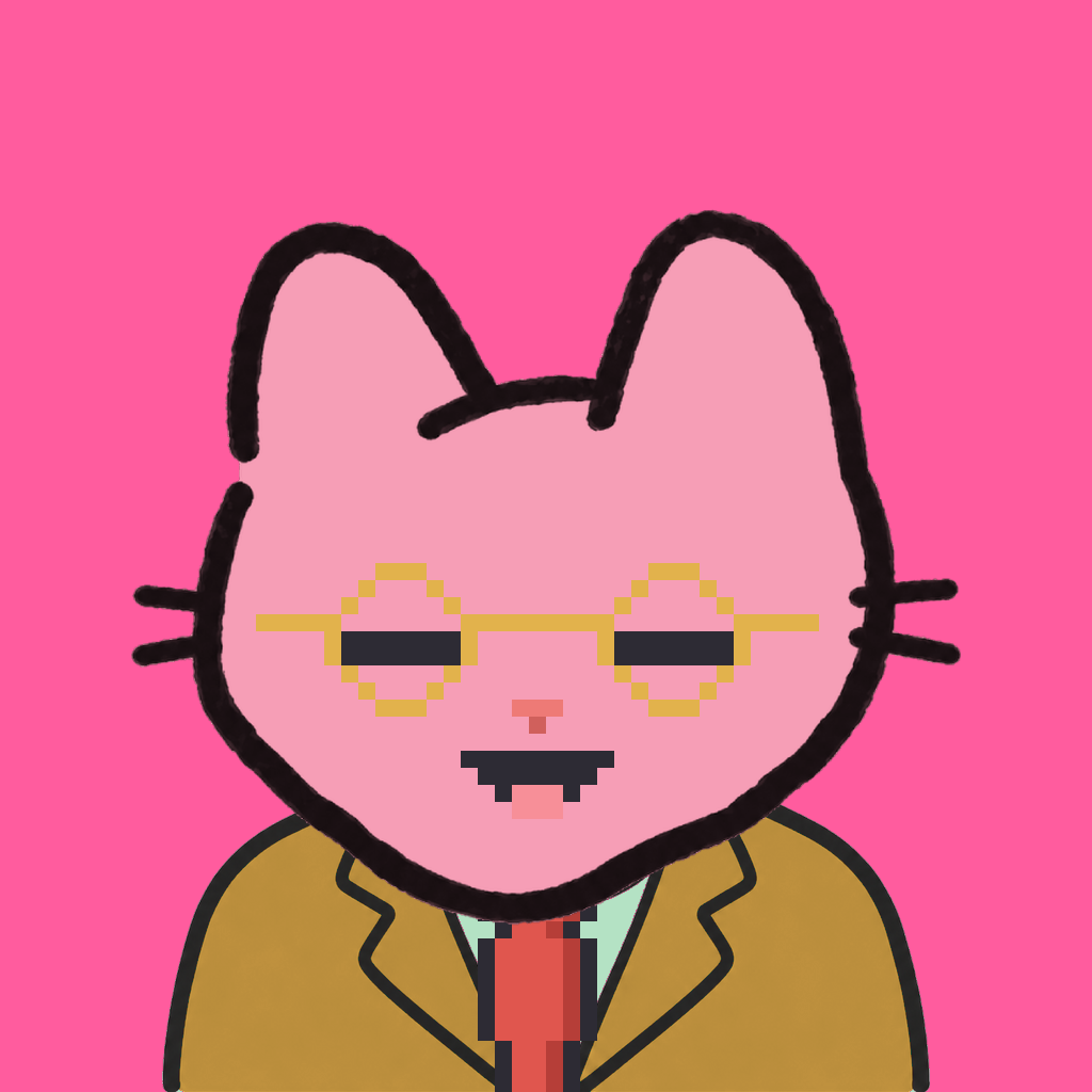 Employee #1927 — a pink cat, in a mustard suit, with a red tie, wearing round-gold glasses, on hot pink