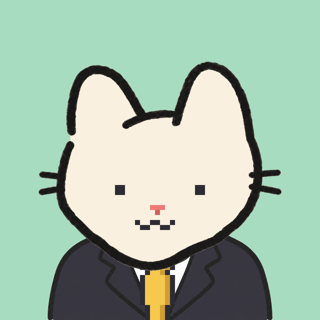 Employee #1928 — a cream cat, in a black suit, with a gold tie, on mint