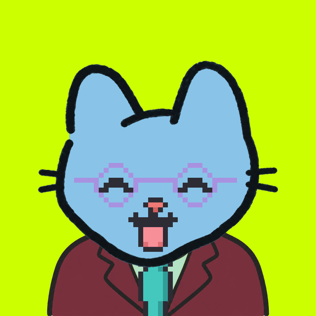 Employee #1929 — a sky cat, in a burgundy suit, with a teal tie, wearing round-lavender glasses, on volt