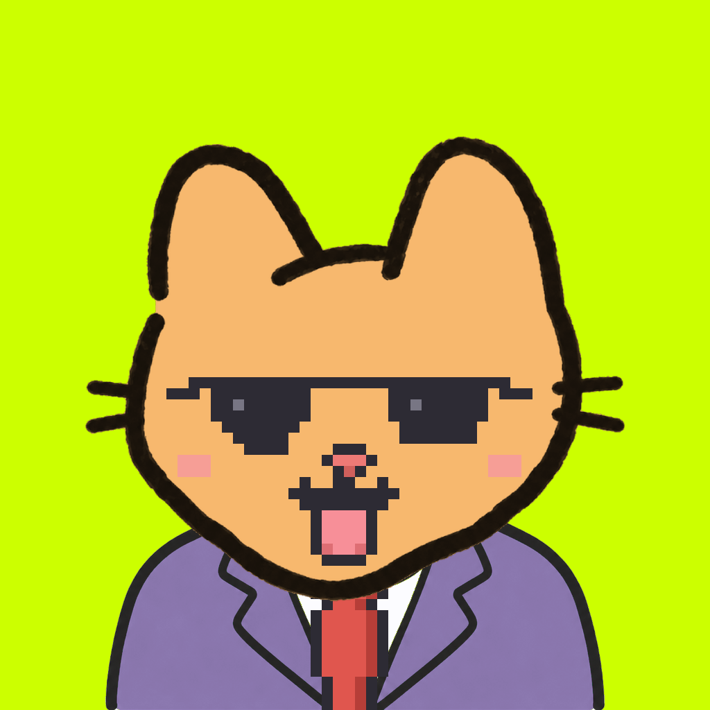 Employee #0193 — a tabby cat, in a lavender suit, with a red tie, wearing shades glasses, on volt