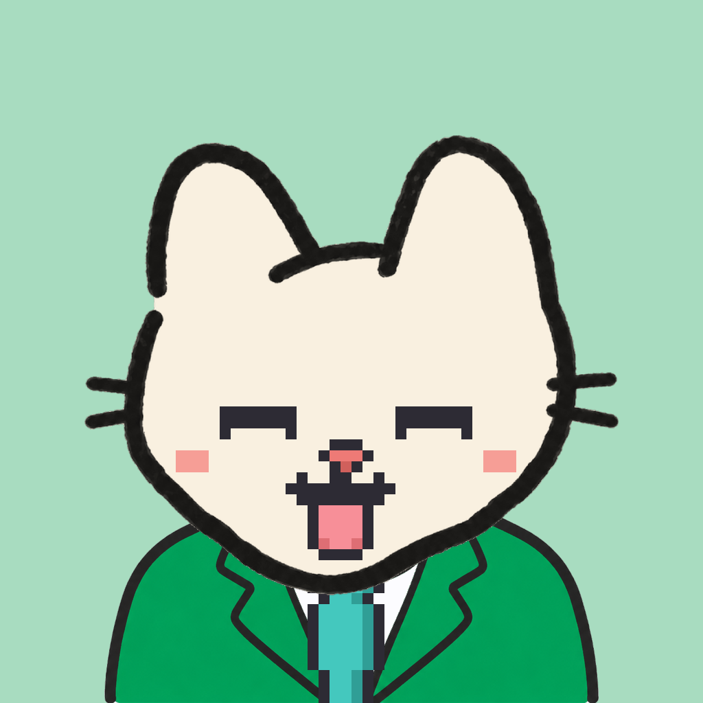 Employee #1930 — a cream cat, in a green suit, with a teal tie, on mint