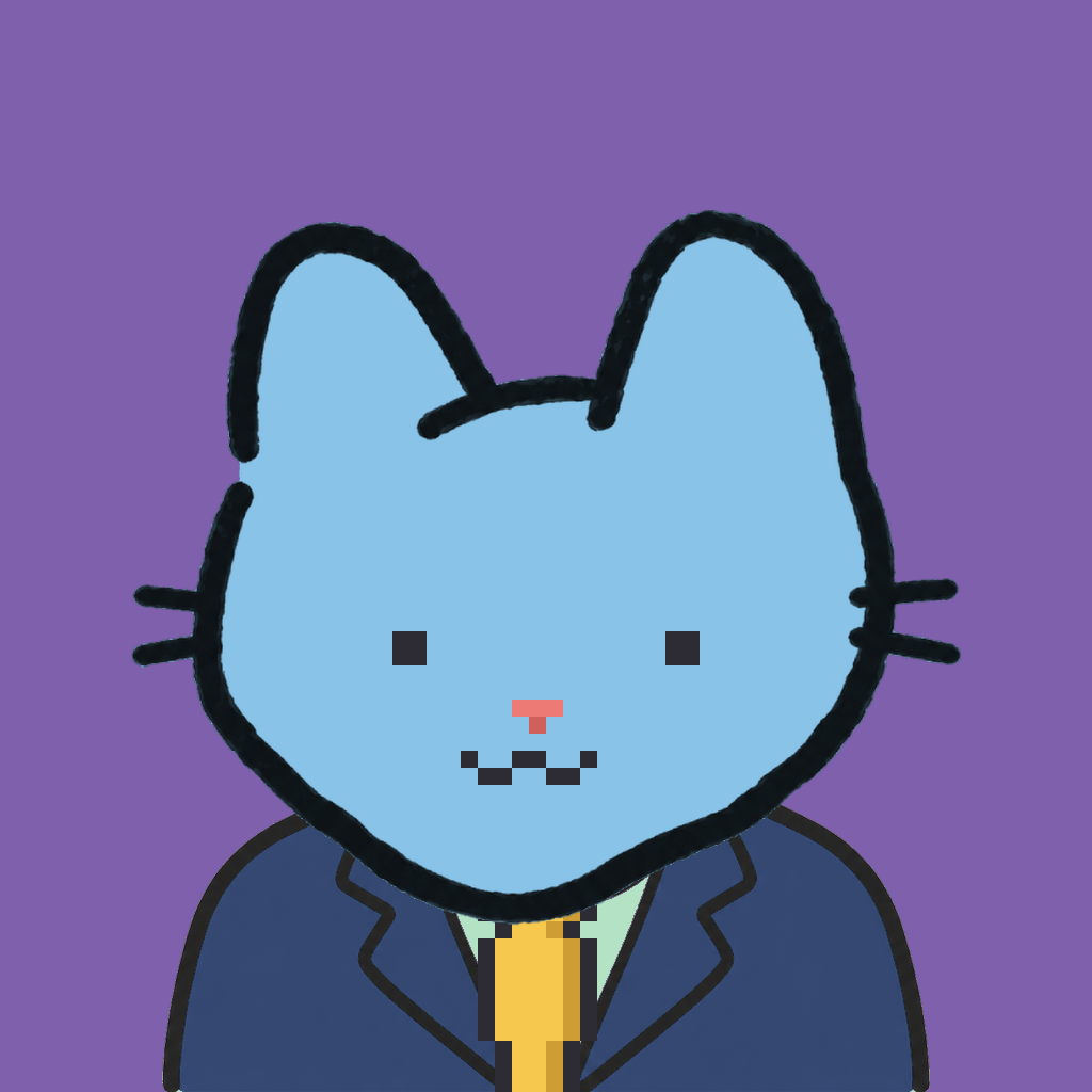 Employee #1931 — a sky cat, in a navy suit, with a gold tie, on plasma violet