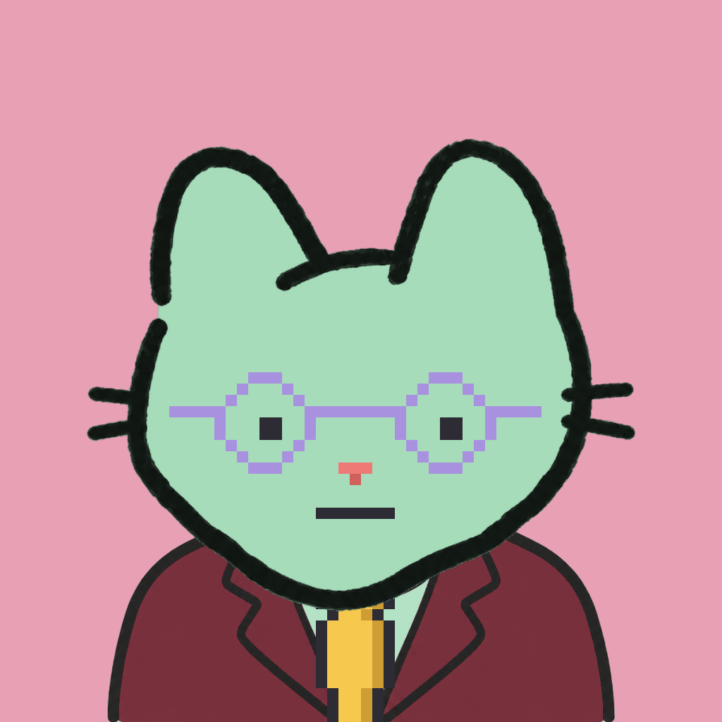 Employee #1932 — a mint cat, in a burgundy suit, with a gold tie, wearing round-lavender glasses, on rose