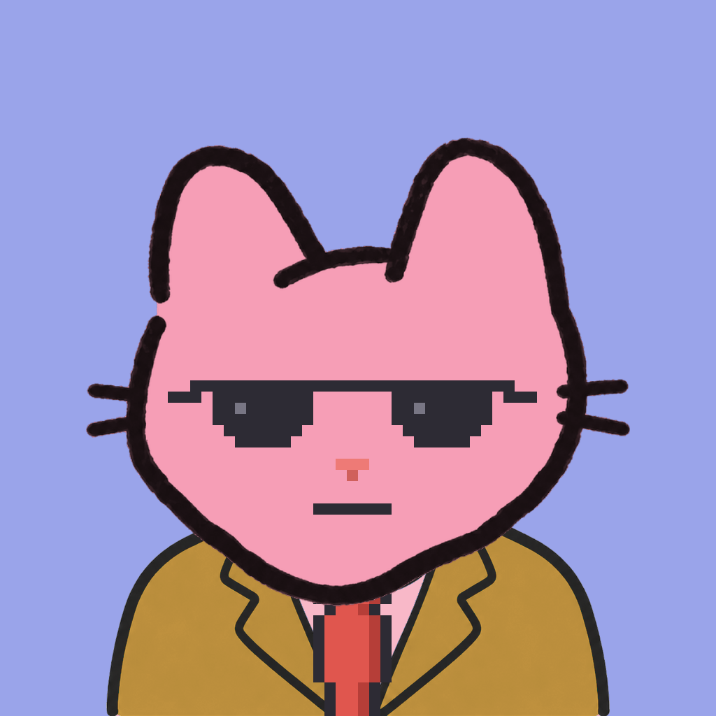 Employee #1933 — a pink cat, in a mustard suit, with a red tie, wearing shades glasses, on periwinkle