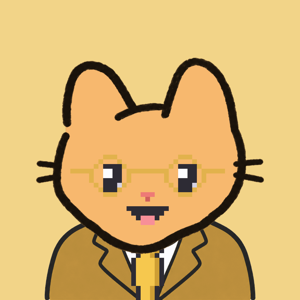 Employee #1934 — a tabby cat, in a mustard suit, with a gold tie, wearing round-gold glasses, on butter