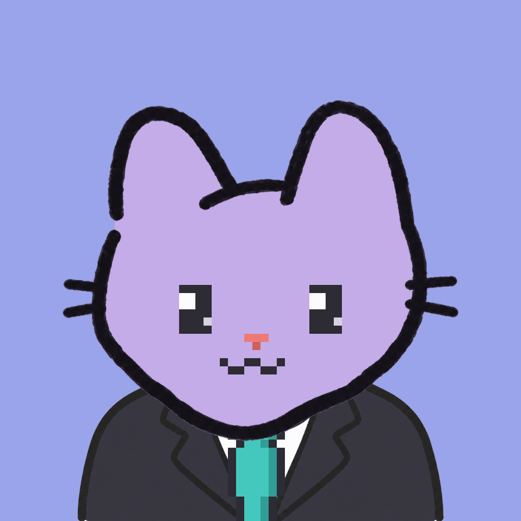 Employee #1936 — a lavender cat, in a black suit, with a teal tie, on periwinkle