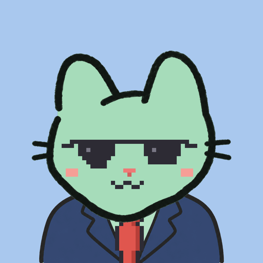 Employee #1937 — a mint cat, in a navy suit, with a red tie, wearing shades glasses, on sky