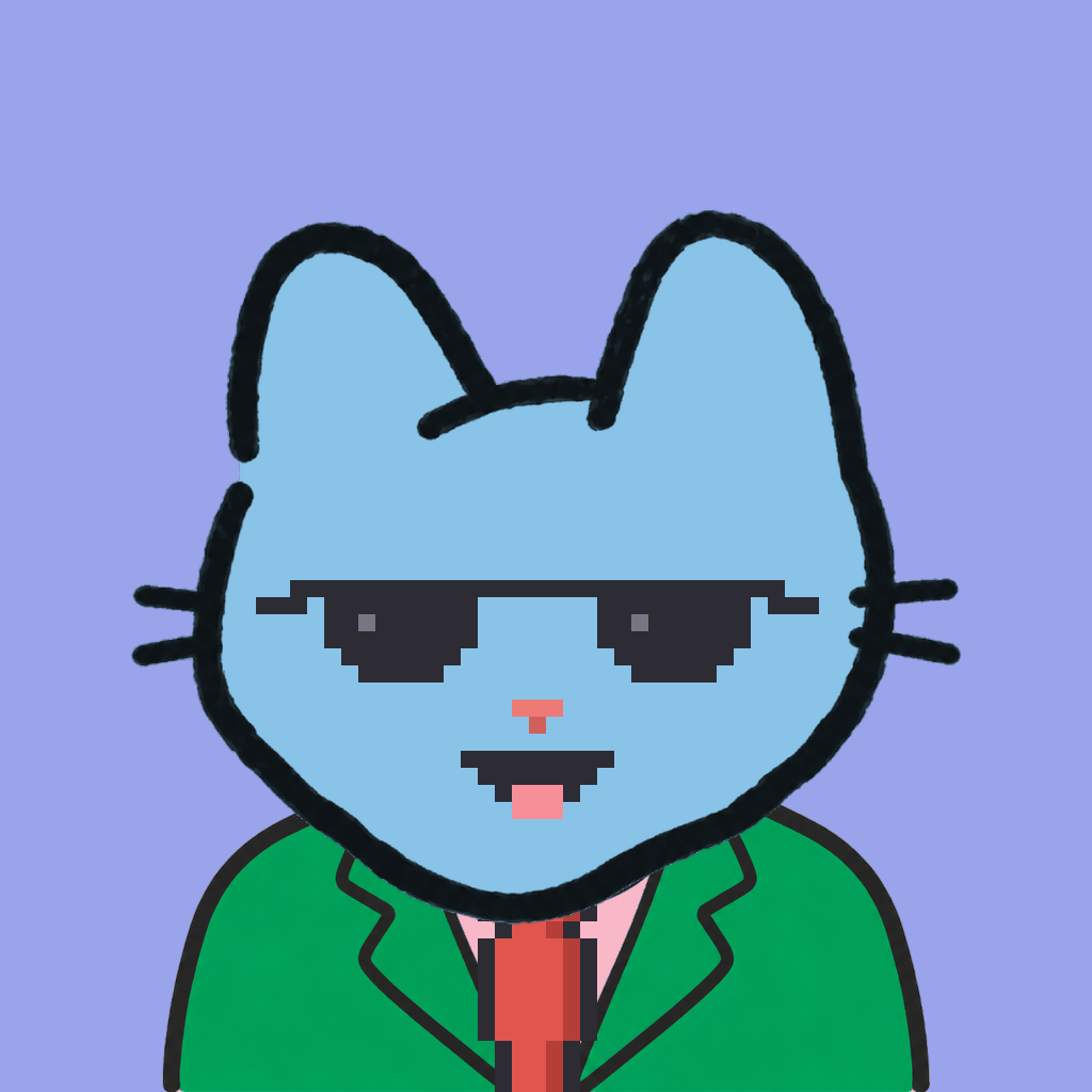 Employee #1938 — a sky cat, in a green suit, with a red tie, wearing shades glasses, on periwinkle