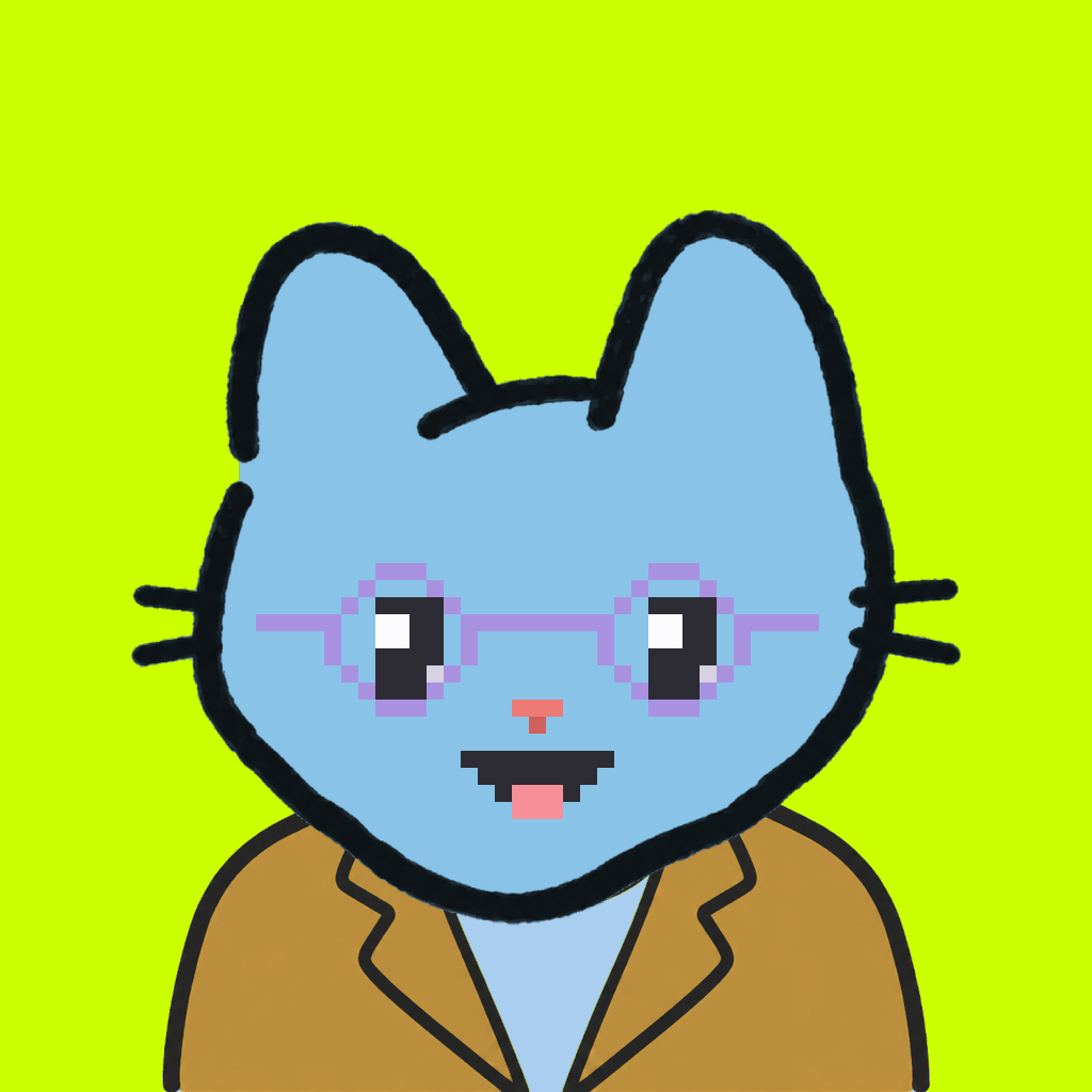 Employee #1939 — a sky cat, in a mustard suit, wearing round-lavender glasses, on volt