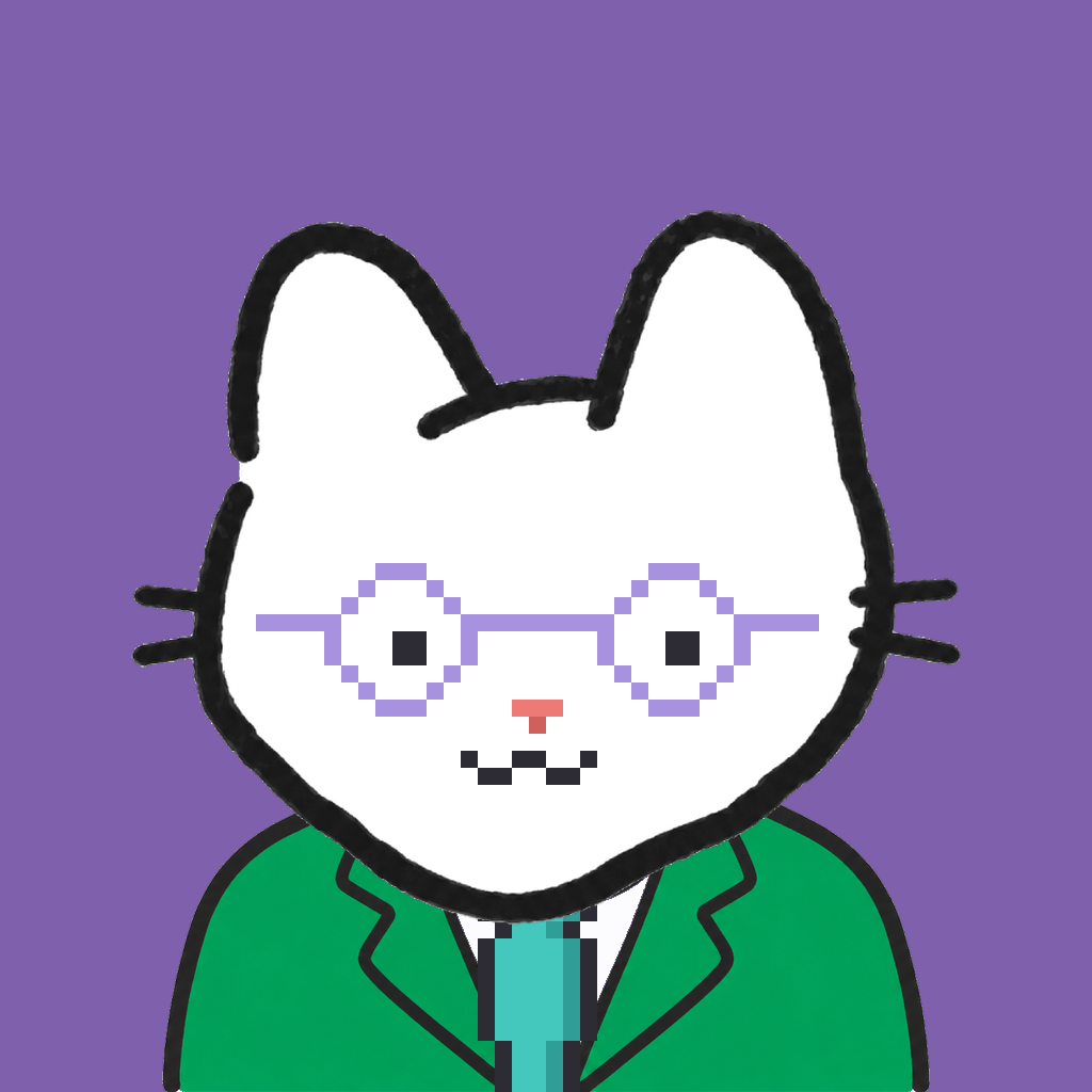 Employee #0194 — a white cat, in a green suit, with a teal tie, wearing round-lavender glasses, on plasma violet